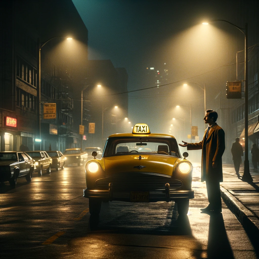 A man hails a taxi at night on a foggy, illuminated city street lined with parked cars.