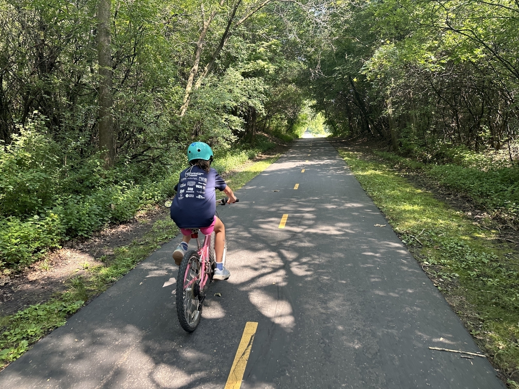 A child wearing a blue helmet rides a pink bicycle down a paved, tree-lined path in a forested area with shadows cast by the sun.