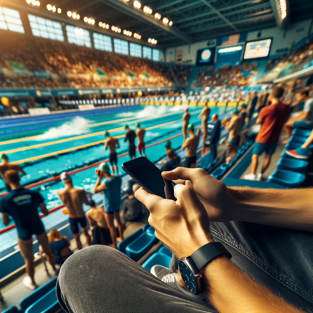 Person using a smartphone, possibly taking a photo, with an indoor swimming competition in the background. Spectators seated, swimmers in lanes, vibrant pool area. No text present.