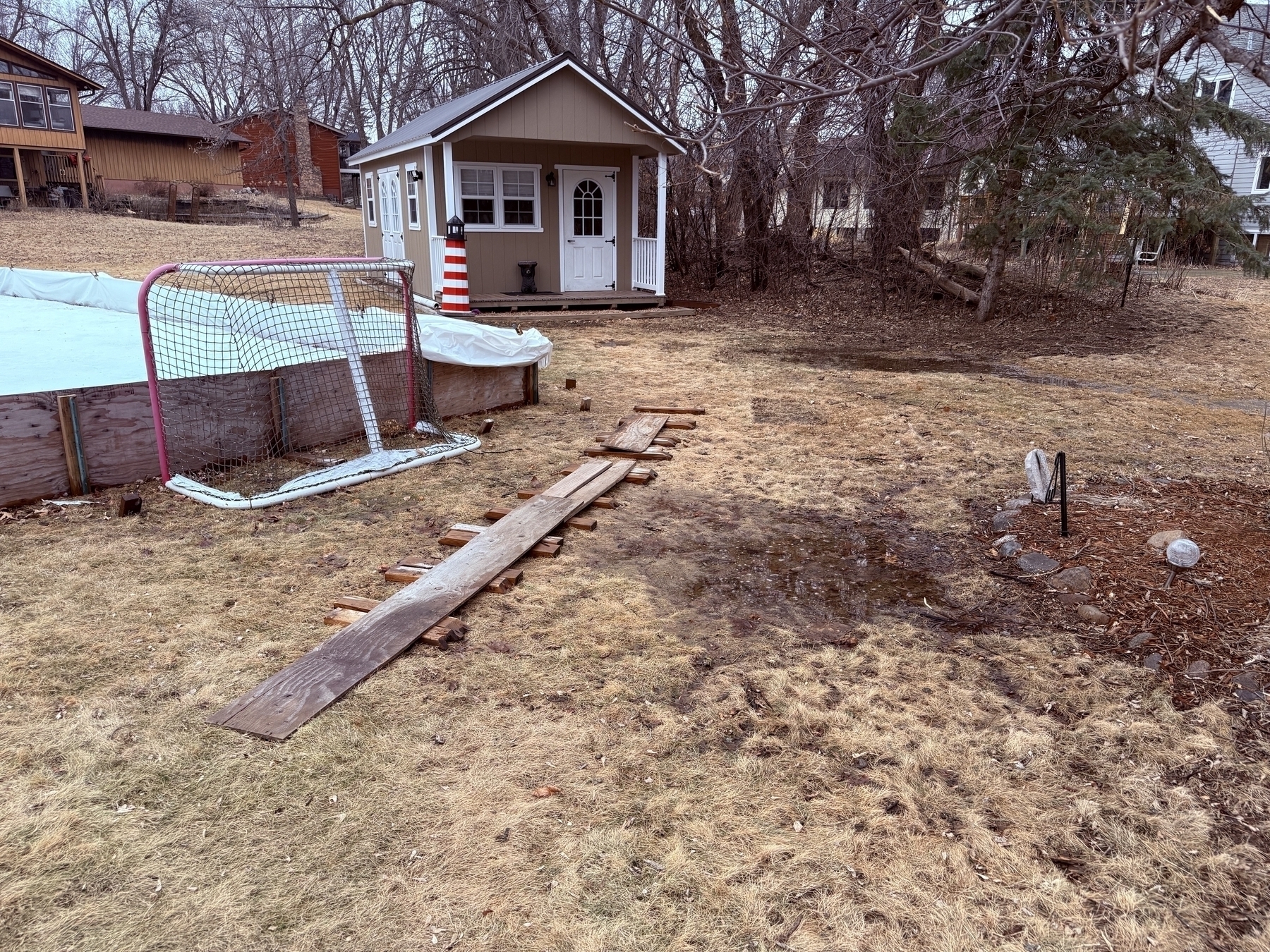 A backyard scene featuring a small house-like shed in the background with a path leading up to it. In the foreground, there is a makeshift wooden walkway over a patch of muddy ground. To the left, there is a partially constructed hockey rink with a net set up on the grass nearby. The area is surrounded by leafless trees and other houses.