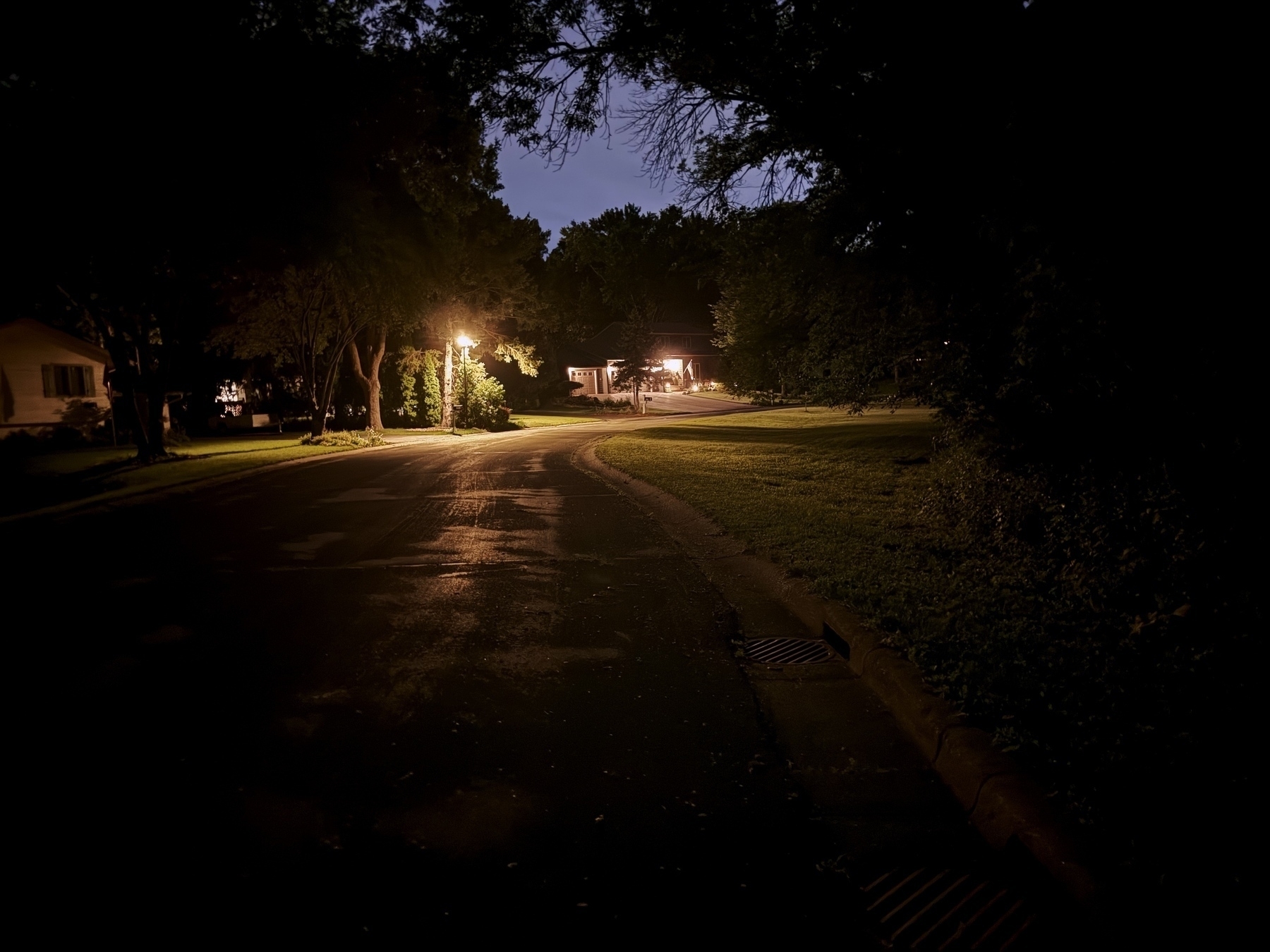 Dimly lit suburban street at night with a glowing streetlamp. Trees and houses line the road, casting shadows on the pavement.