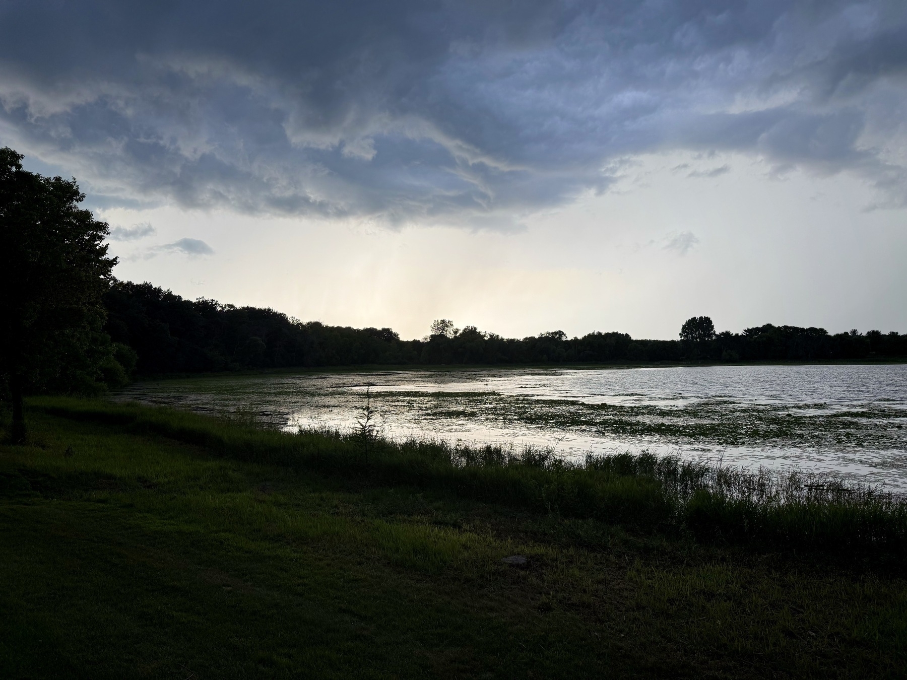 A tranquil lakeside scene at dusk with dark clouds overhead casting shadows on the water and grassy shoreline.