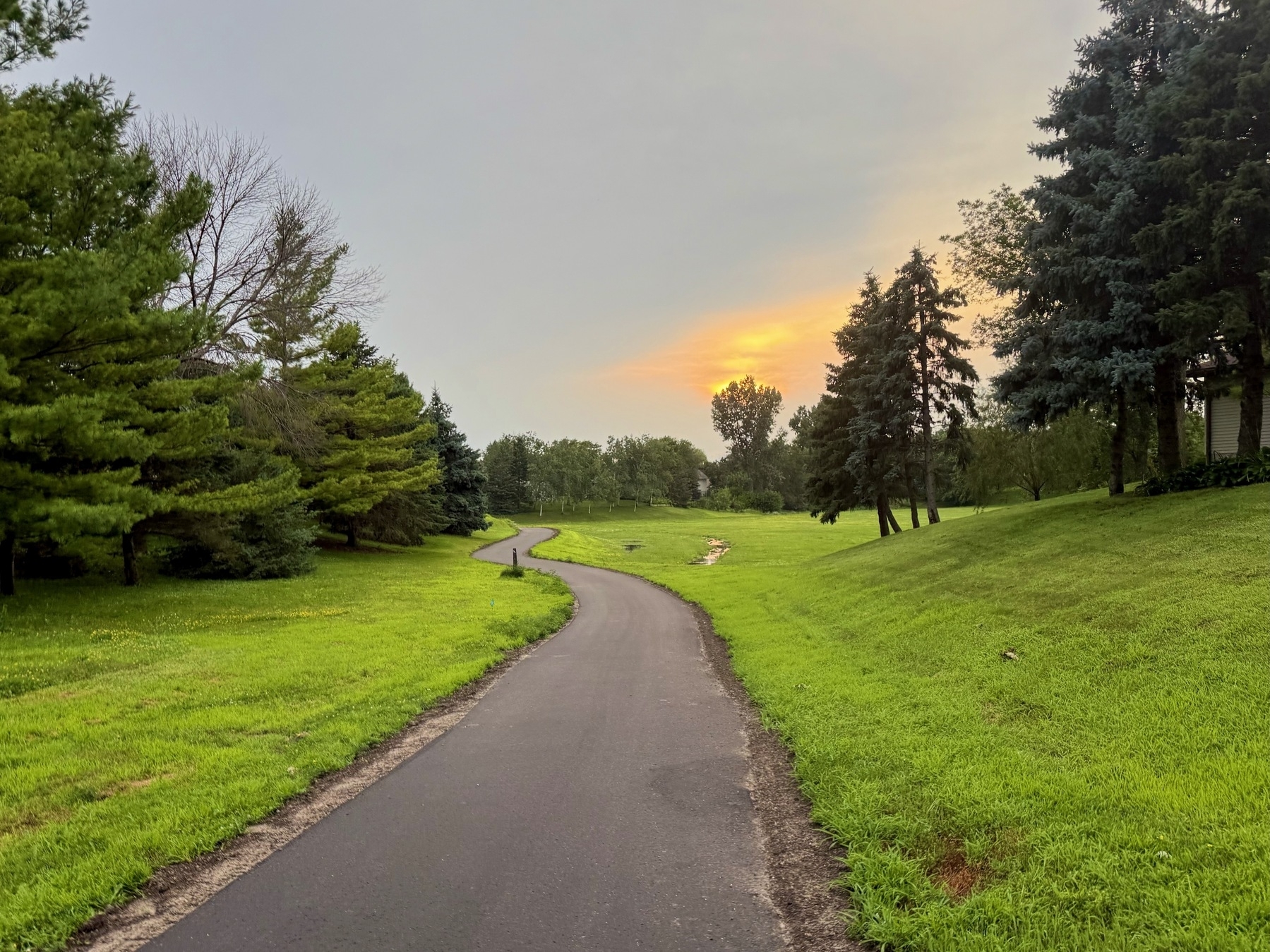 A paved path winds through a lush, green park with trees lining the sides. The sun sets in the background, casting a warm glow across the sky.