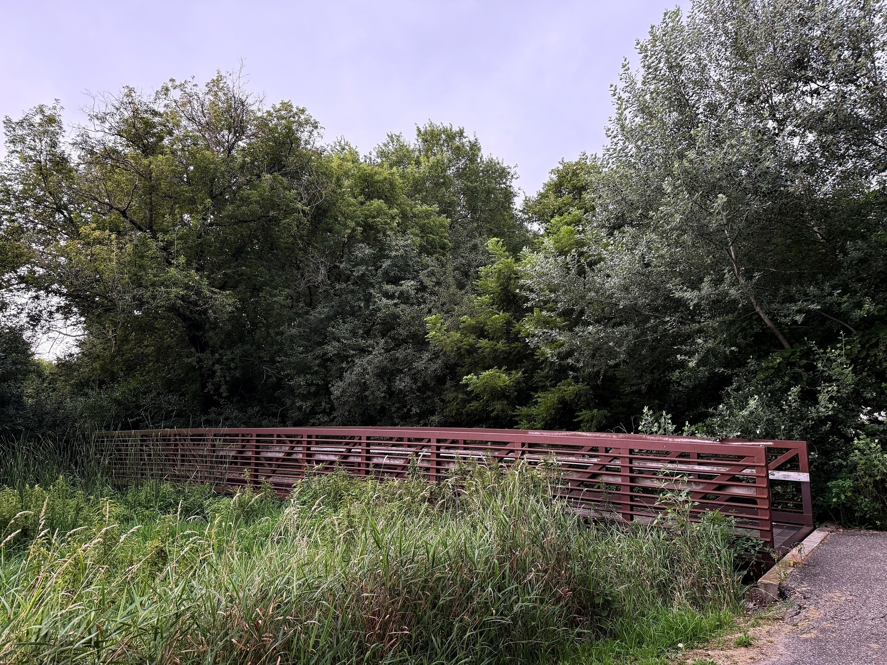 A red wooden bridge spans a lush, green area filled with tall grass and dense trees under a cloudy sky.