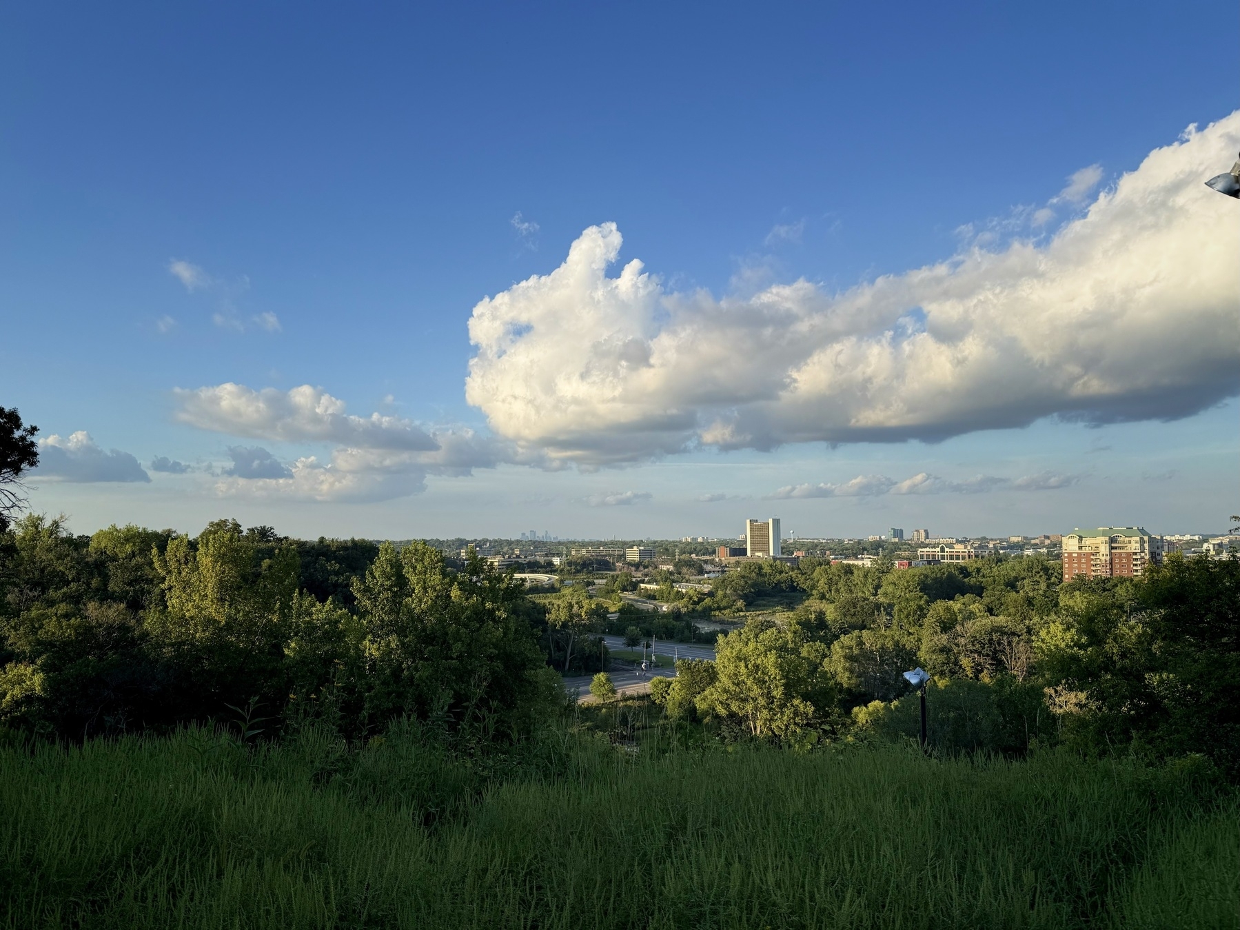 A scenic view of a cityscape under a clear blue sky with a few fluffy clouds. The foreground is filled with lush green trees and vegetation, while the background features various buildings and structures spread across the horizon.